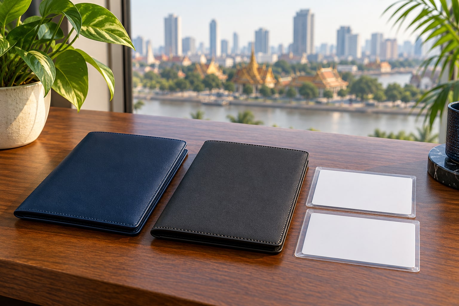 Two blank permit cards beside navy and charcoal document folios
