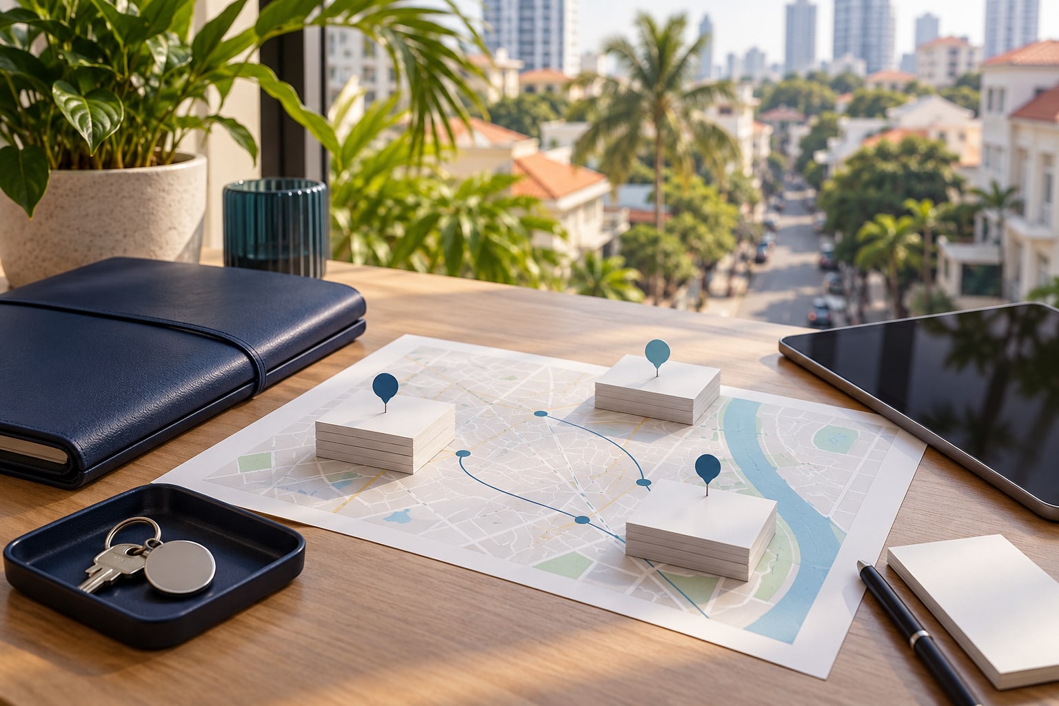 Abstract accommodation records and location markers on a Phnom Penh desk