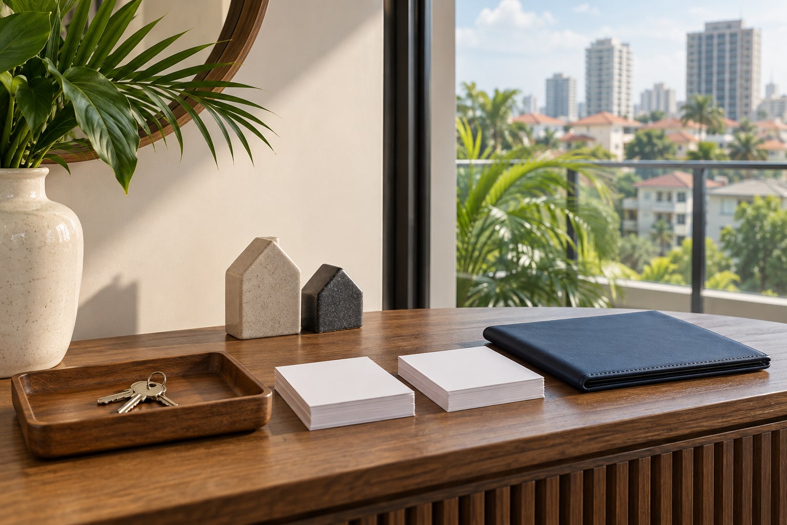 Two blank record stacks, apartment keys and house markers beside a navy folio