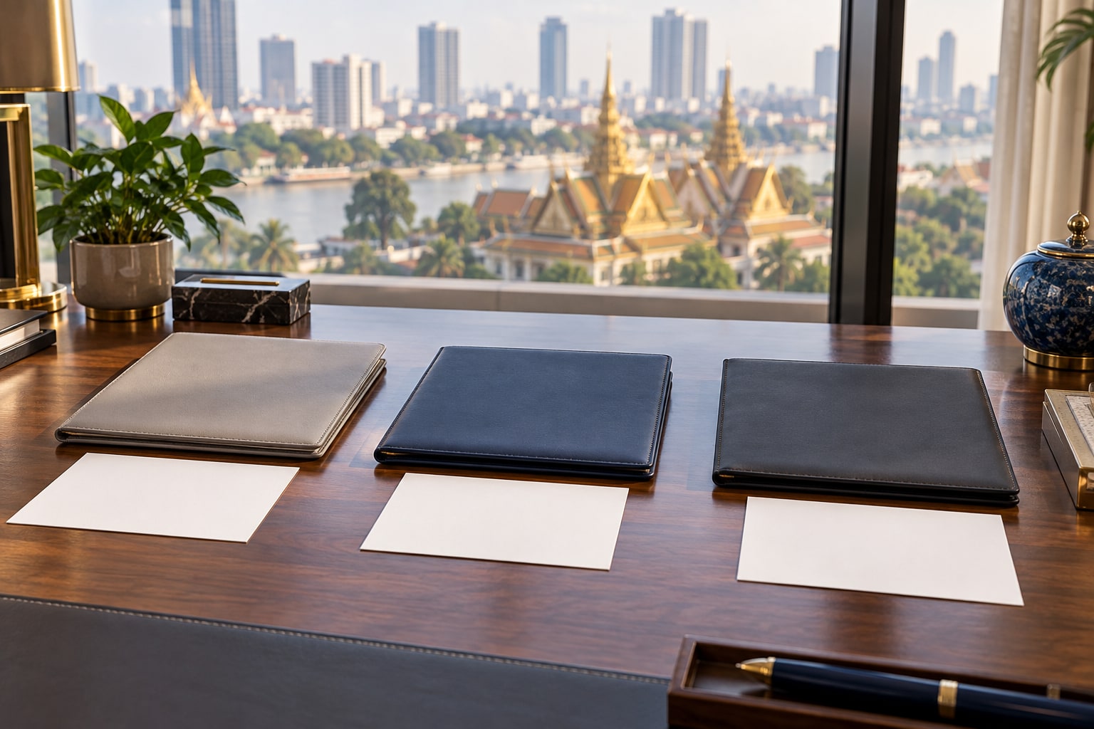 Three blank document stages arranged across a Phnom Penh legalisation desk