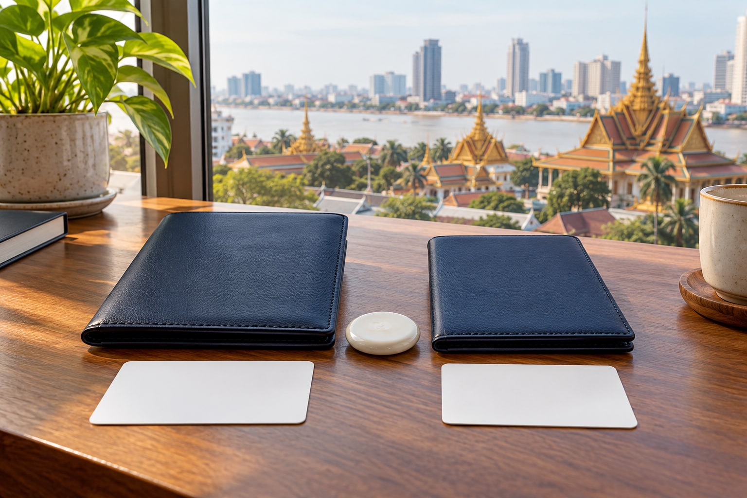 Two blank document folios and identity cards arranged for record continuity
