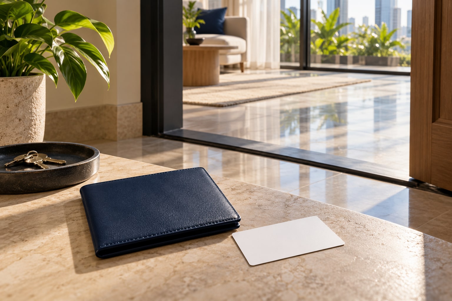 Blank permission card and navy folio placed before a sunlit threshold