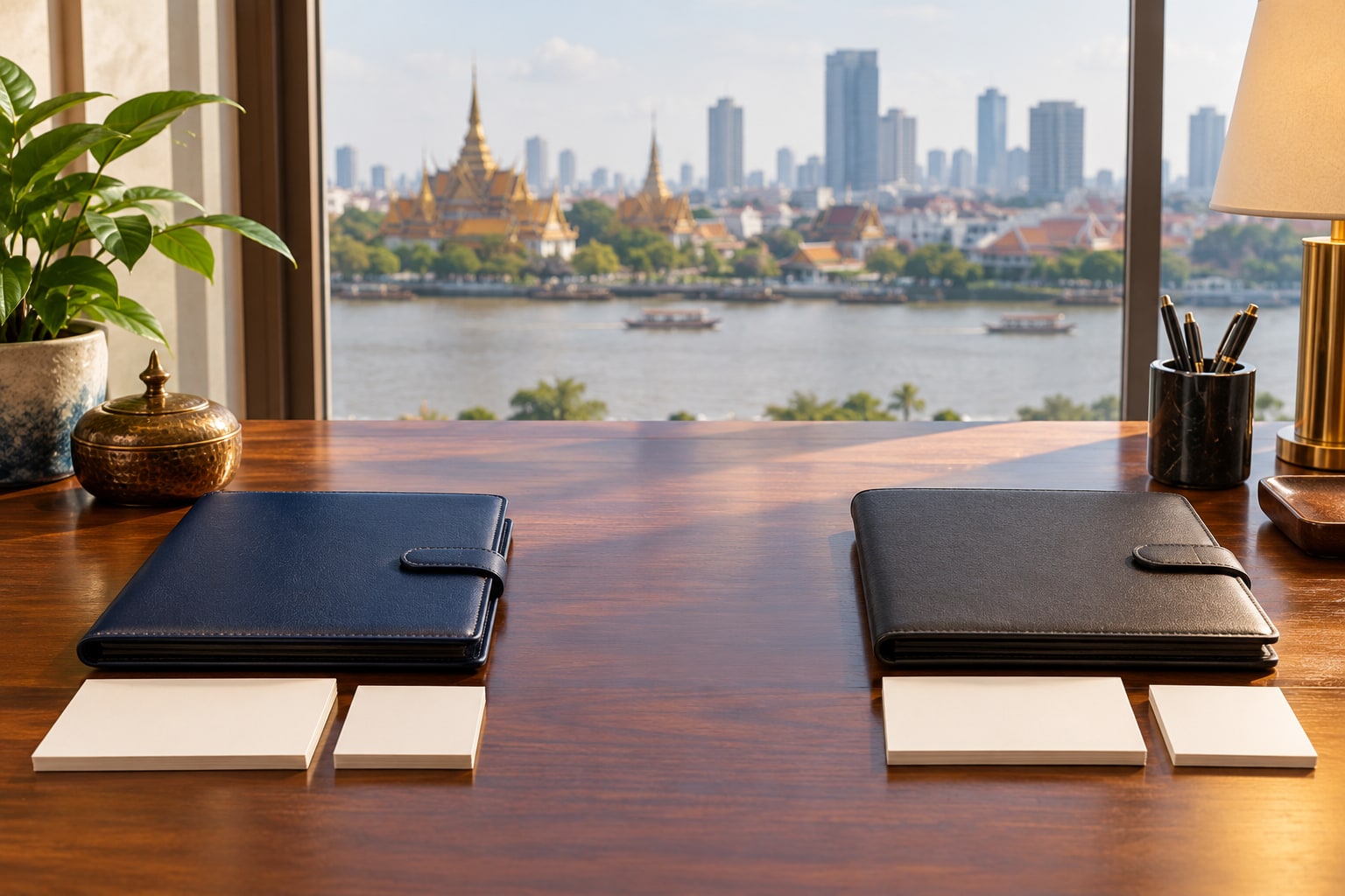 Parallel navy and charcoal record sets on a light accounting desk