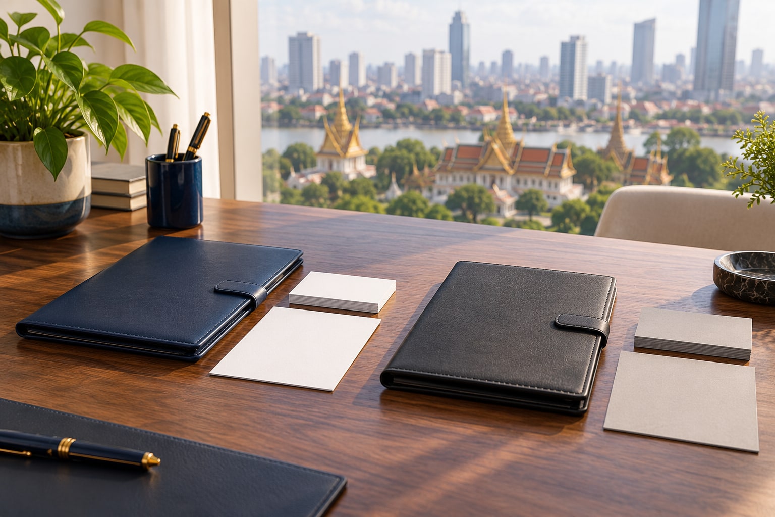 Separate work and immigration record folios on a Phnom Penh desk